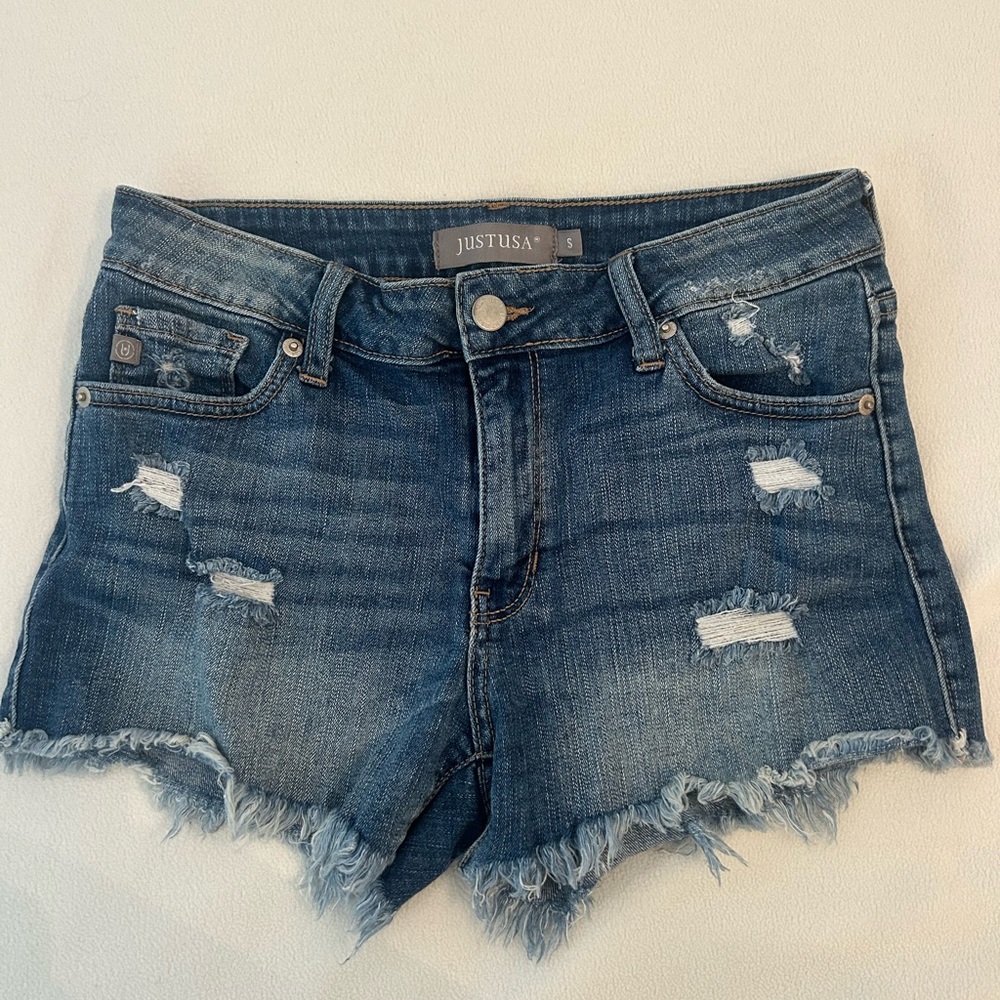 Just USA Frayed Hem Distressed Jean Shorts - Dark Blue